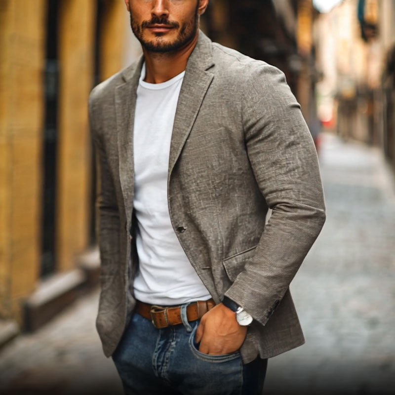 Blazer Uomo Casual in Cotone e Lino con Risvolto a V e Taglio Slim