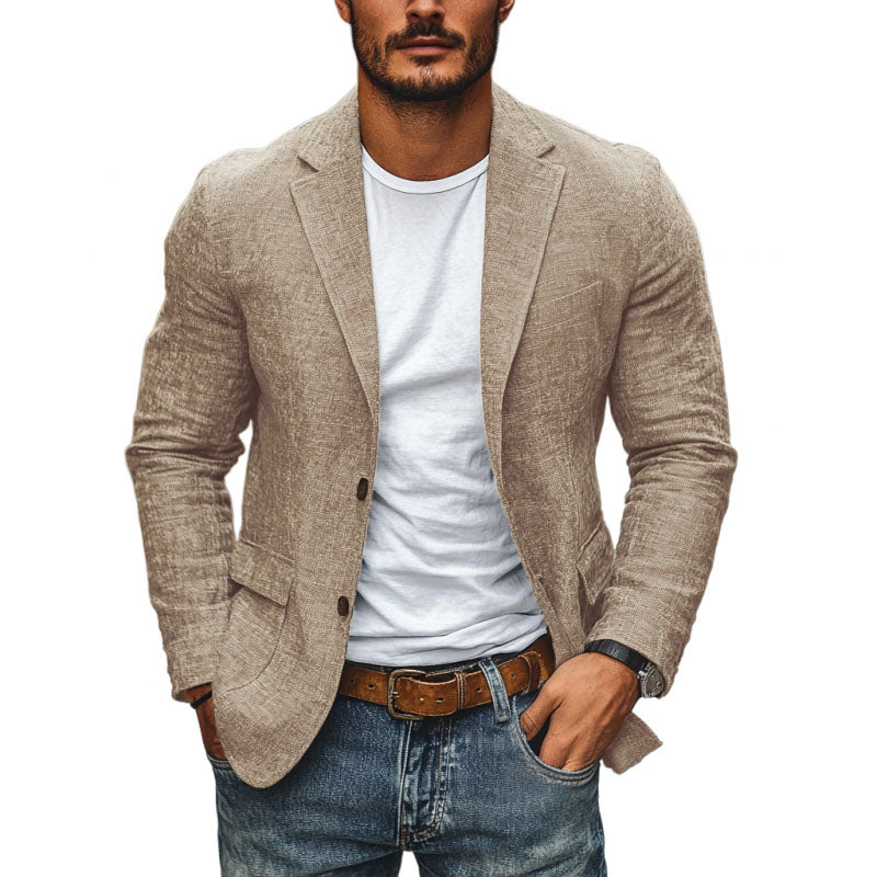 Blazer Uomo Casual in Cotone e Lino con Risvolto a V e Taglio Slim