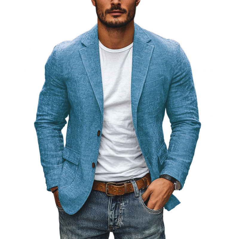 Blazer Uomo Casual in Cotone e Lino con Risvolto a V e Taglio Slim