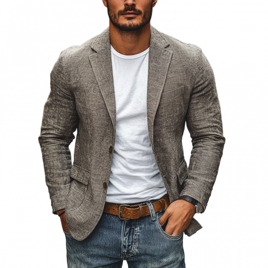 Blazer Uomo Casual in Cotone e Lino con Risvolto a V e Taglio Slim