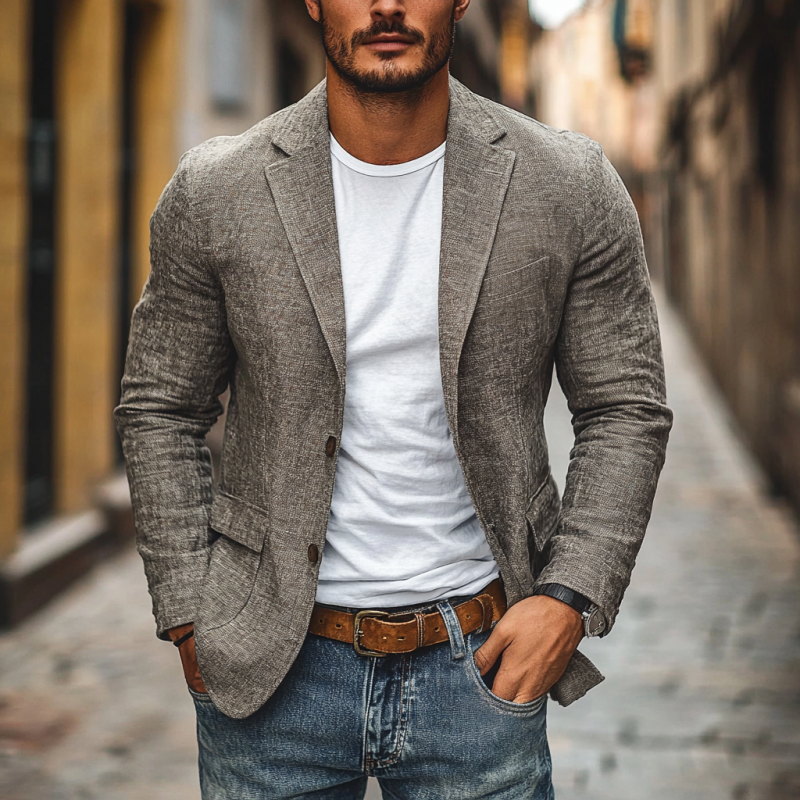 Blazer Uomo Casual in Cotone e Lino con Risvolto a V e Taglio Slim