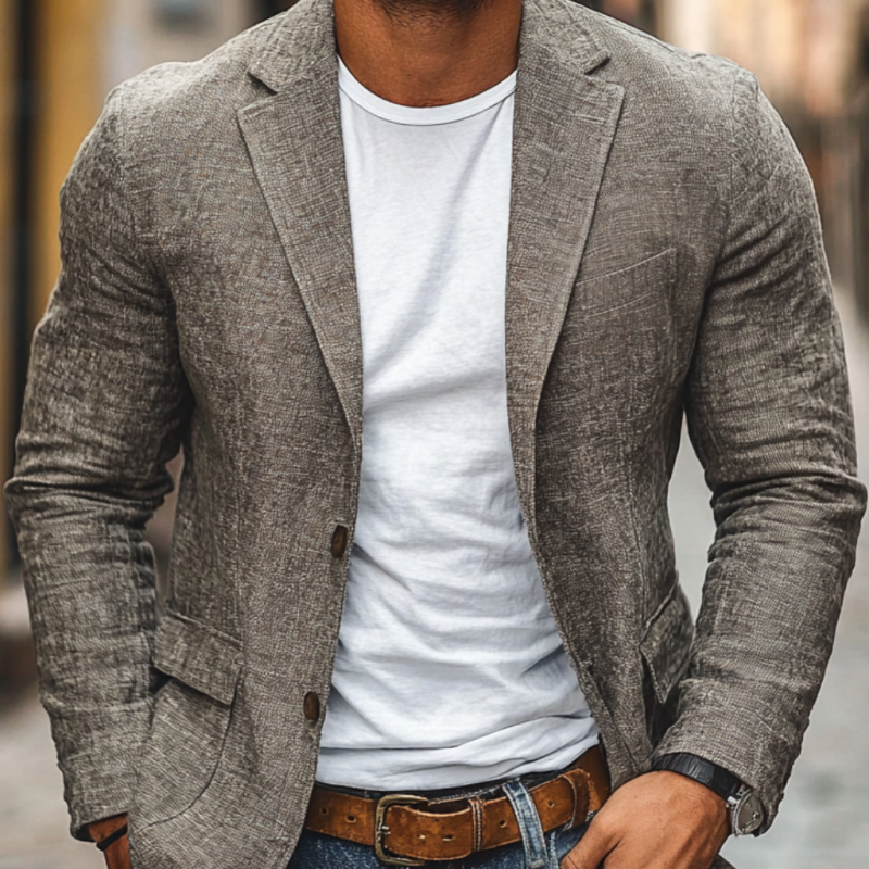 Blazer Uomo Casual in Cotone e Lino con Risvolto a V e Taglio Slim