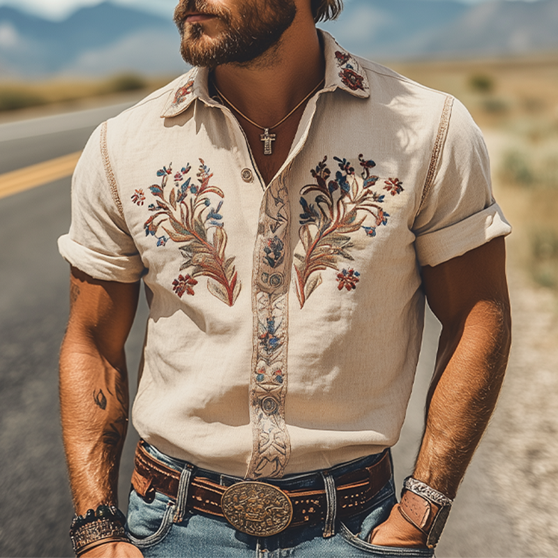 Camicia Uomo Estiva Stile Western Retrò con Ricamo in Cotone e Lino a Maniche Corte