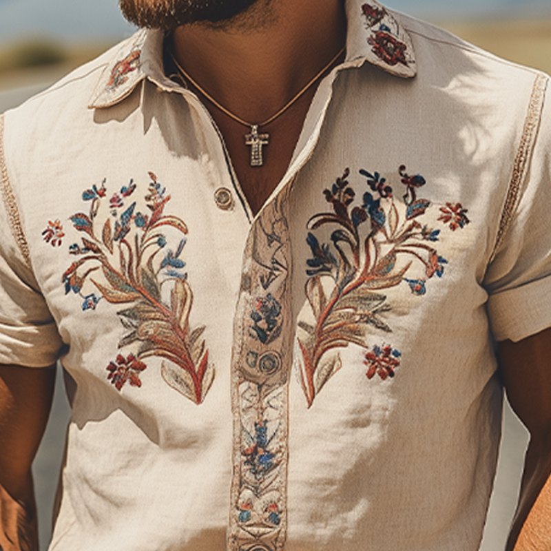 Camicia Uomo Estiva Stile Western Retrò con Ricamo in Cotone e Lino a Maniche Corte