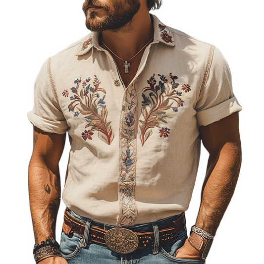 Camicia Uomo Estiva Stile Western Retrò con Ricamo in Cotone e Lino a Maniche Corte