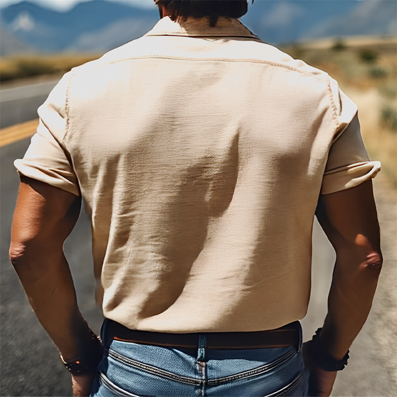 Camicia Uomo Estiva Stile Western Retrò con Ricamo in Cotone e Lino a Maniche Corte